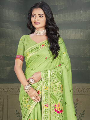 Green Cotton Saree With Blouse Piece