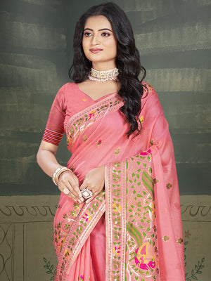 Pink Cotton Saree With Blouse Piece