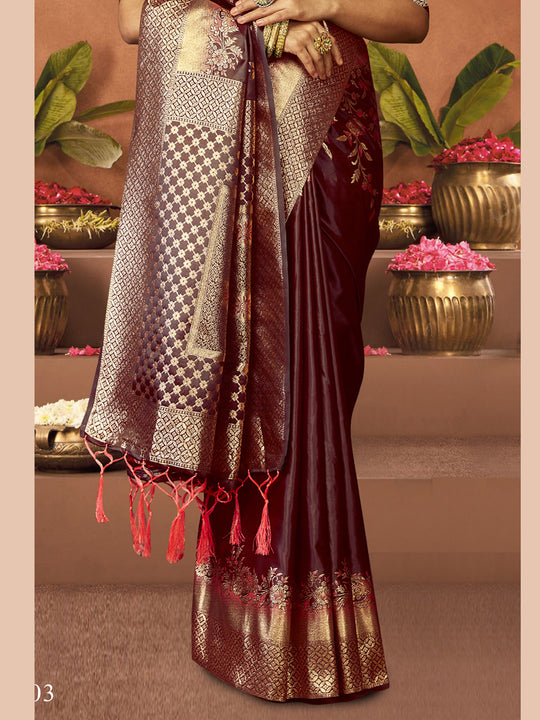 Burgundy Satin Saree With Blouse Piece Burgundy Satin Saree With Blouse Piece
