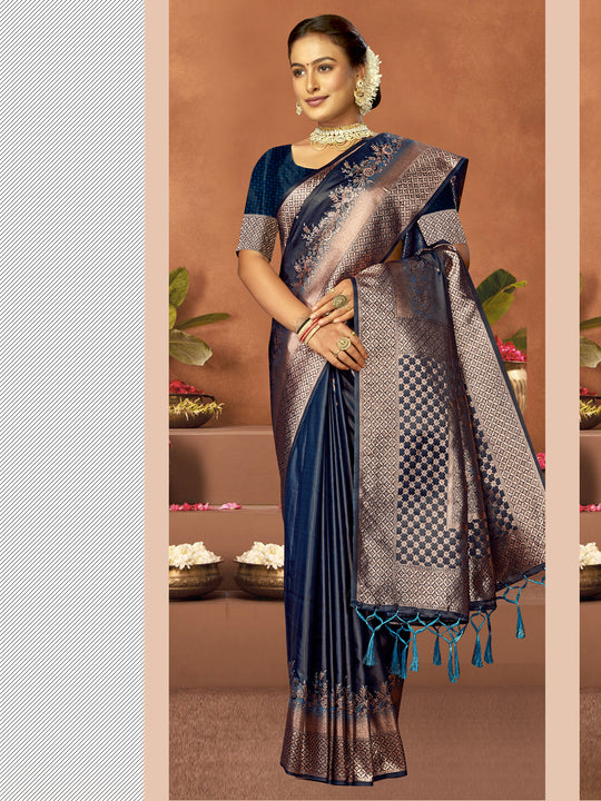 Blue Satin Saree With Blouse Piece Blue Satin Saree With Blouse Piece