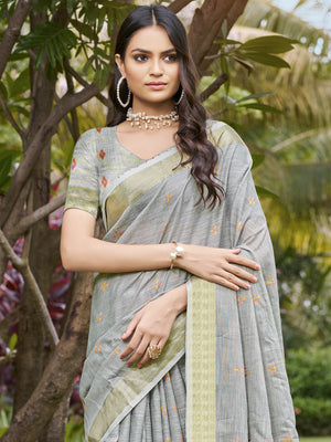 Grey Cotton Saree With Blouse Piece
