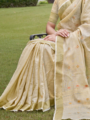 Cream Cotton Saree With Blouse Piece