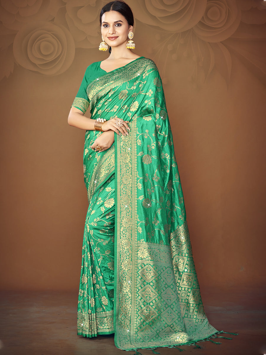 Women Teal Tissue Silk Saree With UnStiched Blouse
