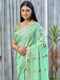 Turquoise Cotton Saree With Blouse Piece Turquoise Cotton Saree With Blouse Piece