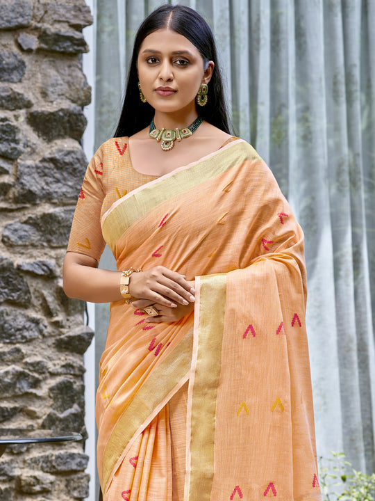 Peach Cotton Saree With Blouse Piece Peach Cotton Saree With Blouse Piece