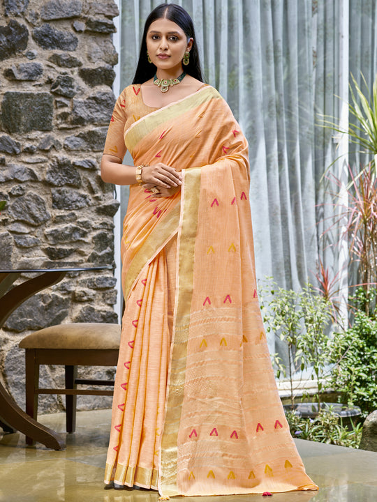 Peach Cotton Saree With Blouse Piece Peach Cotton Saree With Blouse Piece