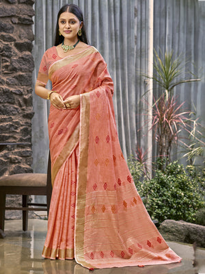Peach Linen Blend Saree With Blouse Piece