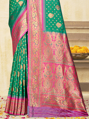 Teal Silk Saree With Blouse Piece