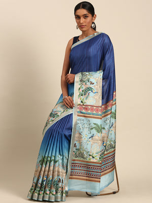 Blue Cotton Saree With Blouse Piece
