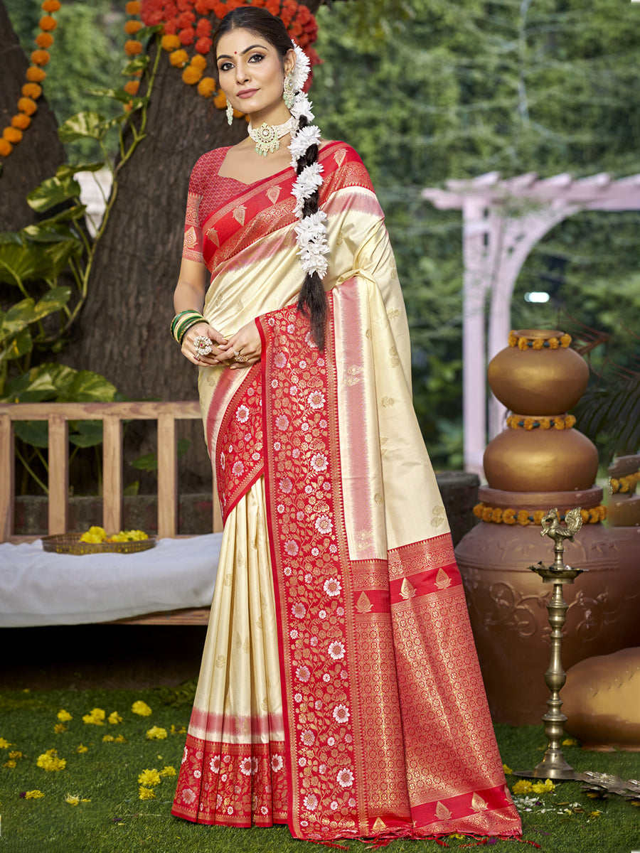 Women's Jute Silk Cream Printed Designer Saree With Blouse Piece