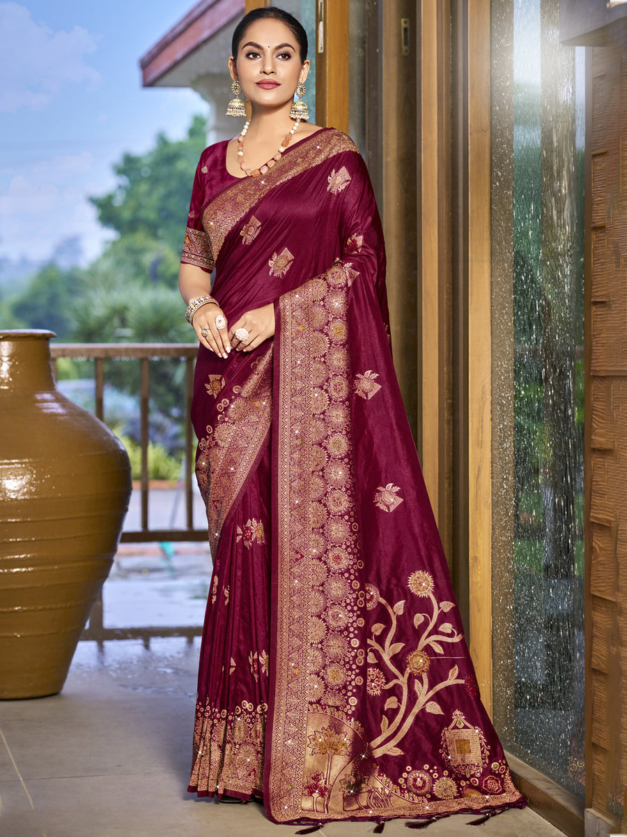 Women's Paper Silk Magenta Embellished Designer Saree With Blouse Piece