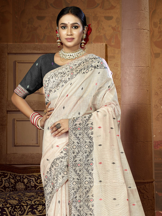 Cream Cotton Blend Saree With Blouse Piece Cream Cotton Blend Saree With Blouse Piece