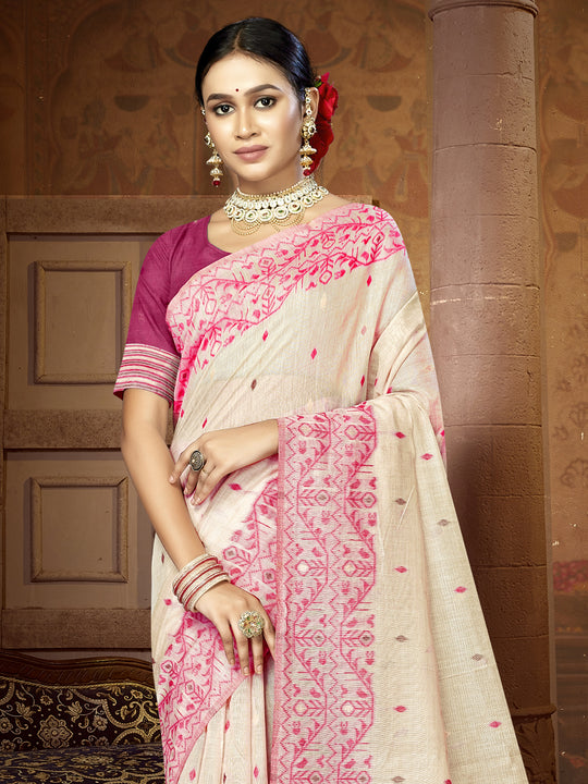 Cream Cotton Blend Saree With Blouse Piece Cream Cotton Blend Saree With Blouse Piece