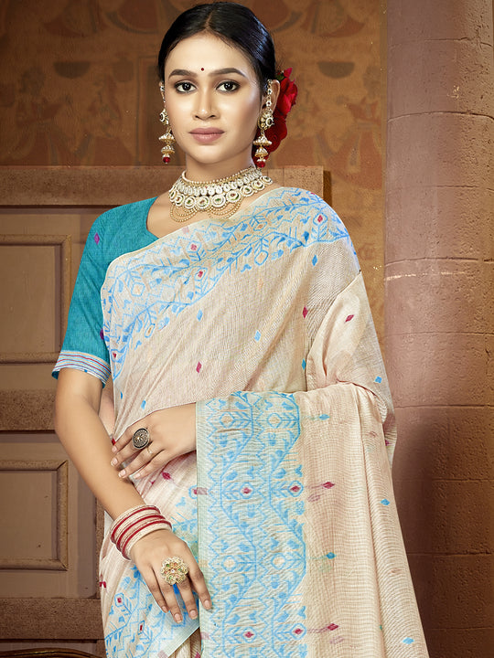 Cream Cotton Blend Saree With Blouse Piece Cream Cotton Blend Saree With Blouse Piece