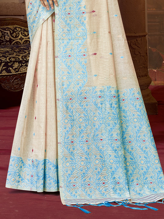 Cream Cotton Blend Saree With Blouse Piece Cream Cotton Blend Saree With Blouse Piece