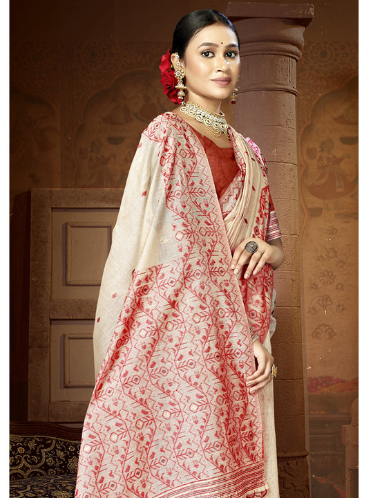 Cream Cotton Blend Saree With Blouse Piece Cream Cotton Blend Saree With Blouse Piece