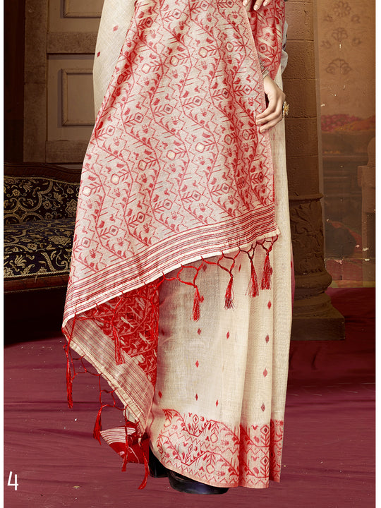 Cream Cotton Blend Saree With Blouse Piece Cream Cotton Blend Saree With Blouse Piece