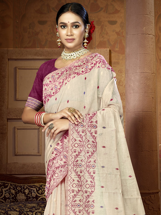 Cream Cotton Blend Saree With Blouse Piece Cream Cotton Blend Saree With Blouse Piece