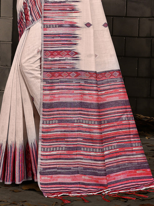 Cream Cotton Saree With Grey Blouse Piece Cream Cotton Saree With Grey Blouse Piece