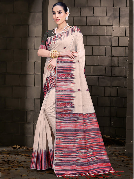 Cream Cotton Saree With Grey Blouse Piece Cream Cotton Saree With Grey Blouse Piece