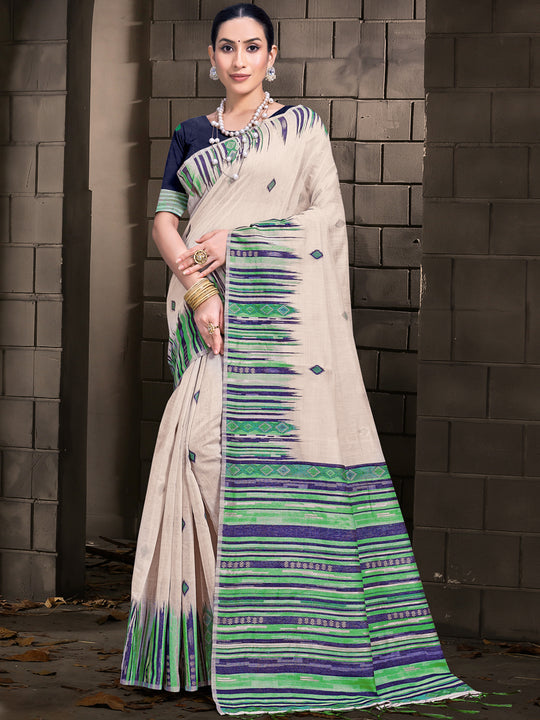 Cream Cotton Saree With Navy Blue Blouse Piece Cream Cotton Saree With Navy Blue Blouse Piece
