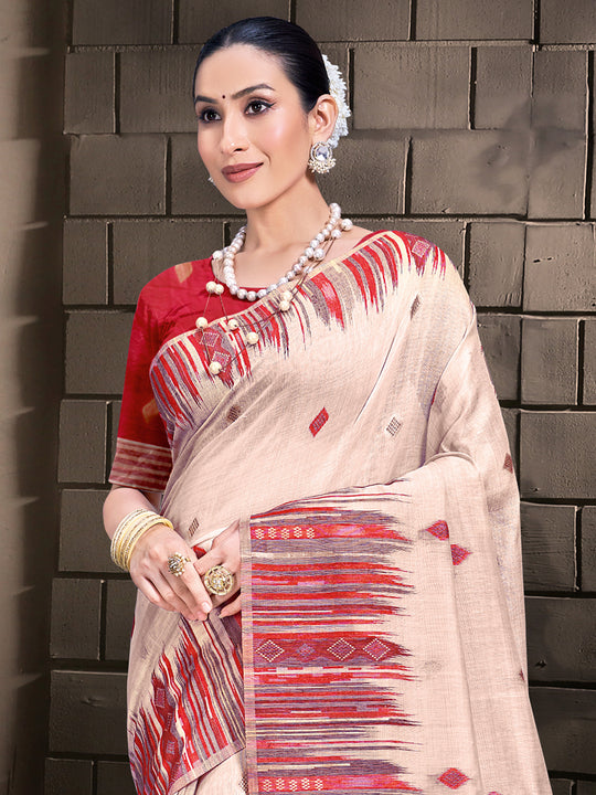 Cream Cotton Saree With Red Blouse Piece Cream Cotton Saree With Red Blouse Piece