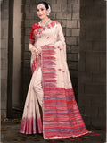 Cream Cotton Saree With Red Blouse Piece Cream Cotton Saree With Red Blouse Piece