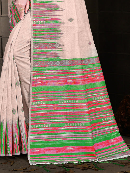 Cream Cotton Saree With Light Green Blouse Piece Cream Cotton Saree With Light Green Blouse Piece