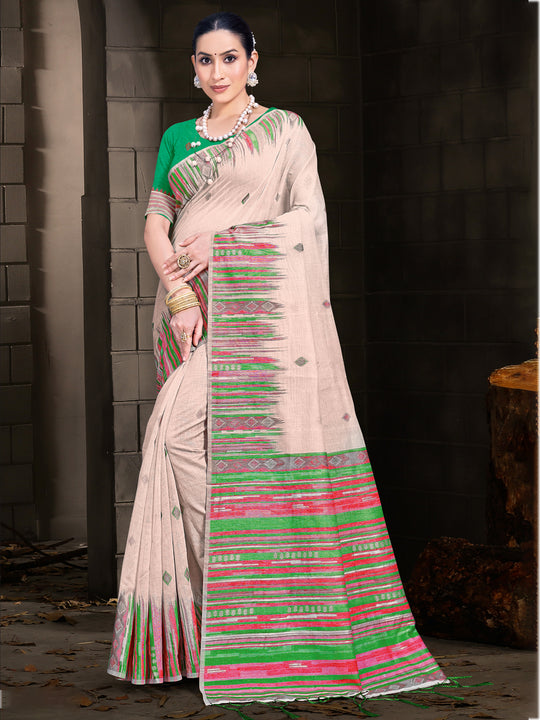 Cream Cotton Saree With Light Green Blouse Piece Cream Cotton Saree With Light Green Blouse Piece