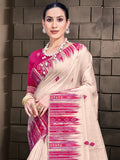 Cream Cotton Saree With Pink Blouse Piece Cream Cotton Saree With Pink Blouse Piece