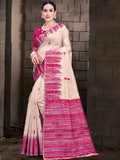 Cream Cotton Saree With Pink Blouse Piece Cream Cotton Saree With Pink Blouse Piece