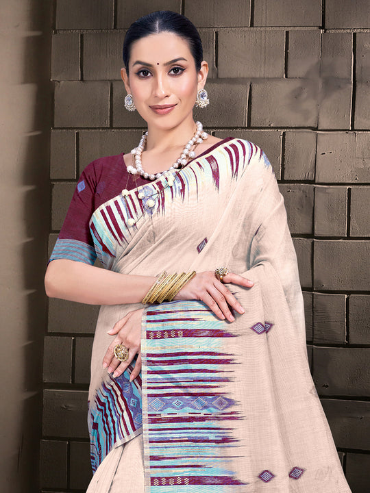 Cream Cotton Saree With Magenta Blouse Piece Cream Cotton Saree With Magenta Blouse Piece
