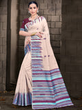 Cream Cotton Saree With Magenta Blouse Piece Cream Cotton Saree With Magenta Blouse Piece