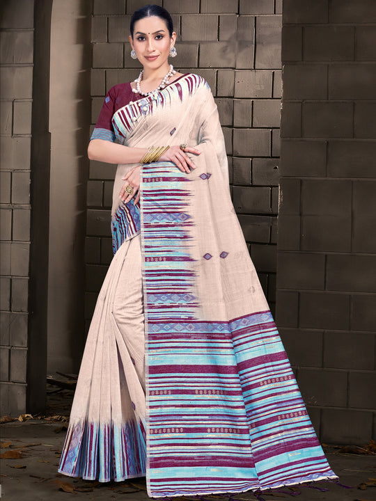 Cream Cotton Saree With Magenta Blouse Piece Cream Cotton Saree With Magenta Blouse Piece