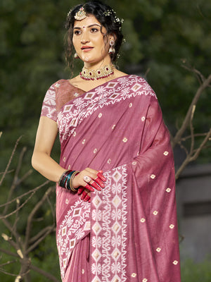 Pink Linen Blend Saree With Blouse Piece
