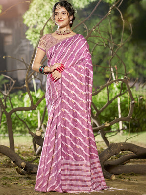 Purple Linen Blend Saree With Blouse Piece