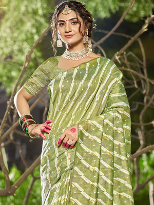 Green Linen Blend Saree With Blouse Piece