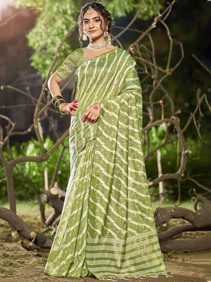 Green Linen Blend Saree With Blouse Piece