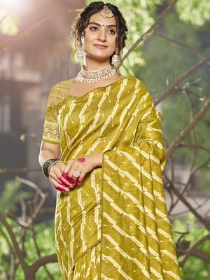 Olive Linen Blend Saree With Blouse Piece