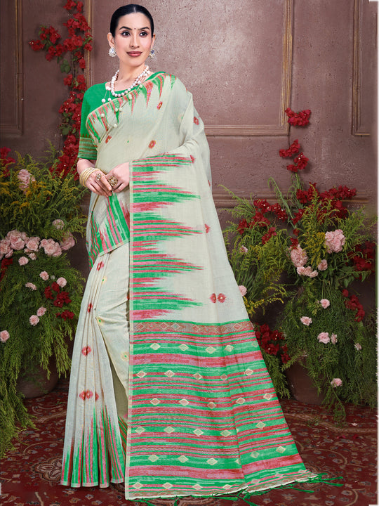 Cream Cotton Saree With Sea Green Blouse Piece Cream Cotton Saree With Sea Green Blouse Piece