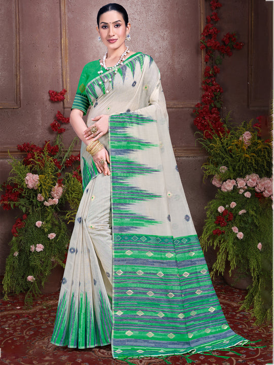 Cream Cotton Saree With Light Green Blouse Piece Cream Cotton Saree With Light Green Blouse Piece