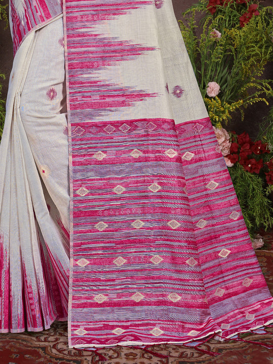 Cream Cotton Saree With Pink Blouse Piece Cream Cotton Saree With Pink Blouse Piece