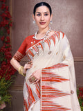 Cream Cotton Saree With Orange Blouse Piece Cream Cotton Saree With Orange Blouse Piece