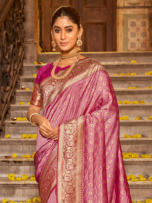 Light Pink Banarasi silk Saree With Blouse Piece
