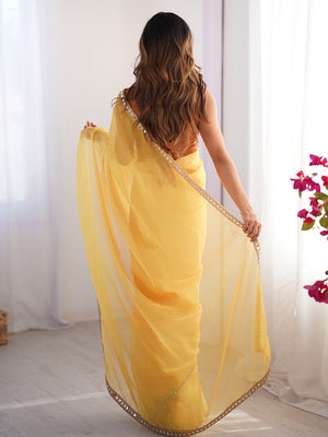 Yellow Mirror Work Solid Satin Chiffon Saree With Blouse Piece