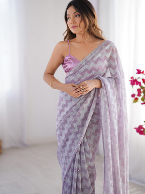 Lavender Sequinned Lycra Saree With Blouse Piece