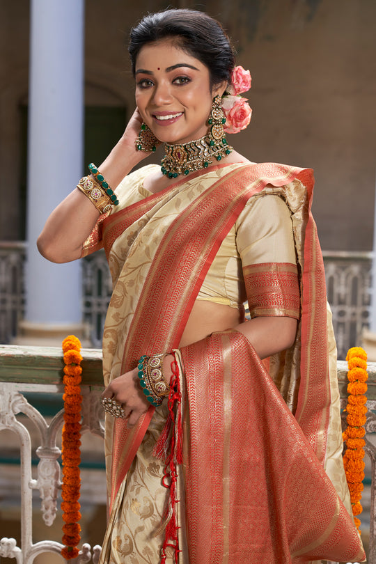 Cream & Red Banarasi Silk Saree With Blouse Piece Cream & Red Banarasi Silk Saree With Blouse Piece
