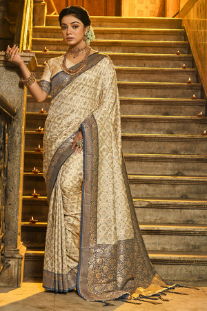 Cream & Blue Banarasi Silk Saree With Blouse Piece
