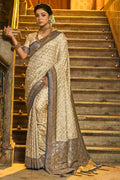 Cream & Blue Banarasi Silk Saree With Blouse Piece