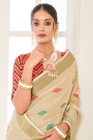 Beige Linen Blend Saree With Blouse